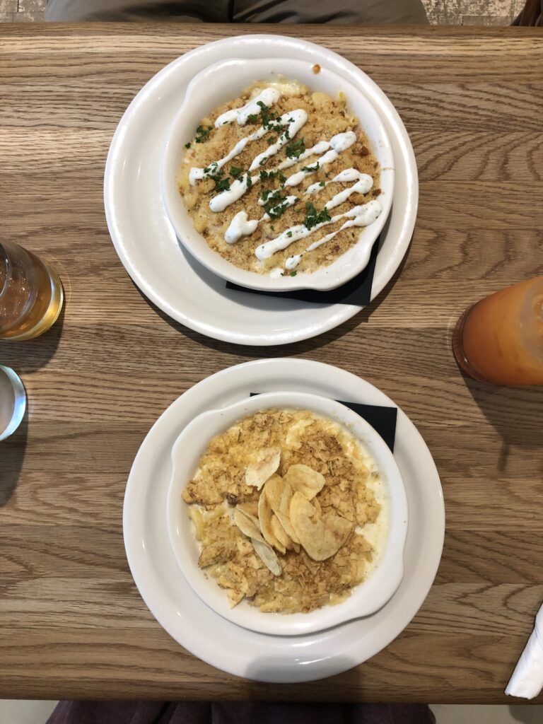 Kevin's bistro mac and cheese two bowls on wood table