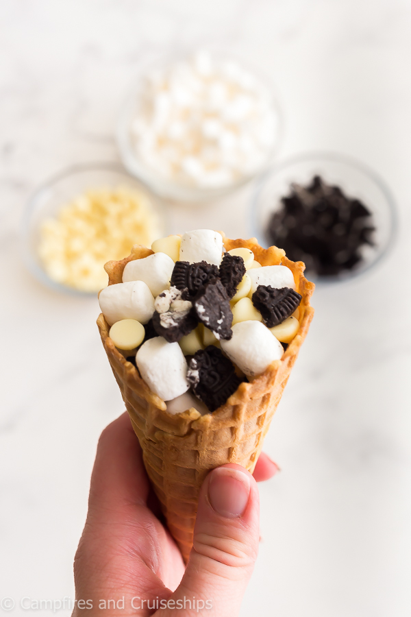 cookies and cream campfire cone before cooking