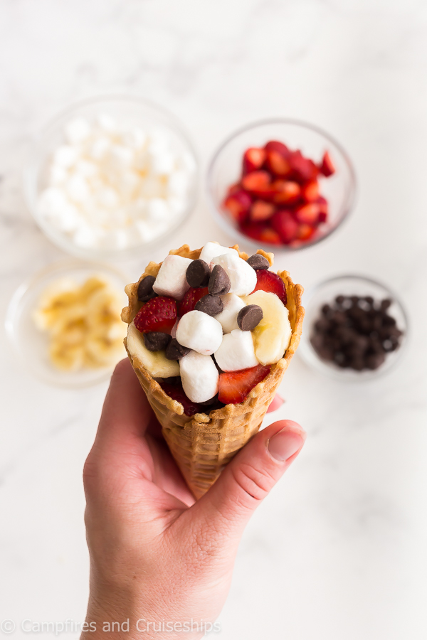 strawberry banana campfire cone before cooking