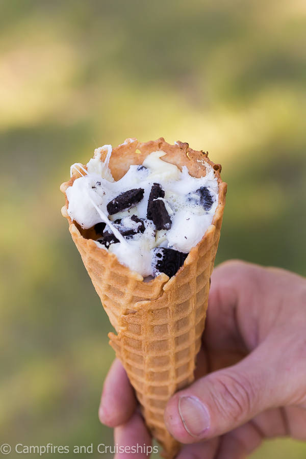 cookies and cream campfire cone cooked