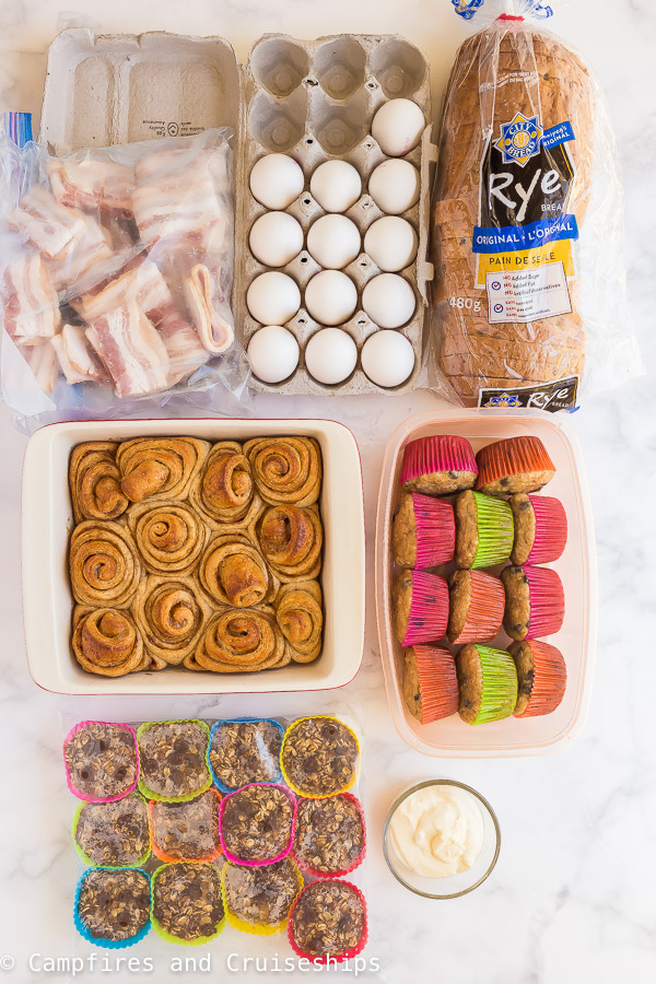 camping meal prep breakfasts laid out on white background