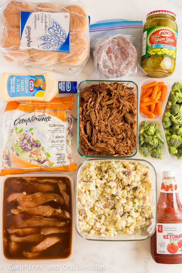 camping meal prep dinners laid out on white background