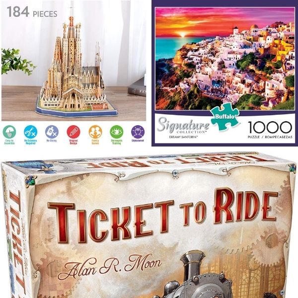 travel gift guide collage with games and puzzles