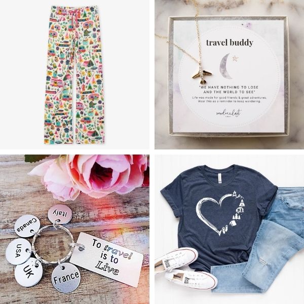 collage of 4 wearable gifts for the travel lover