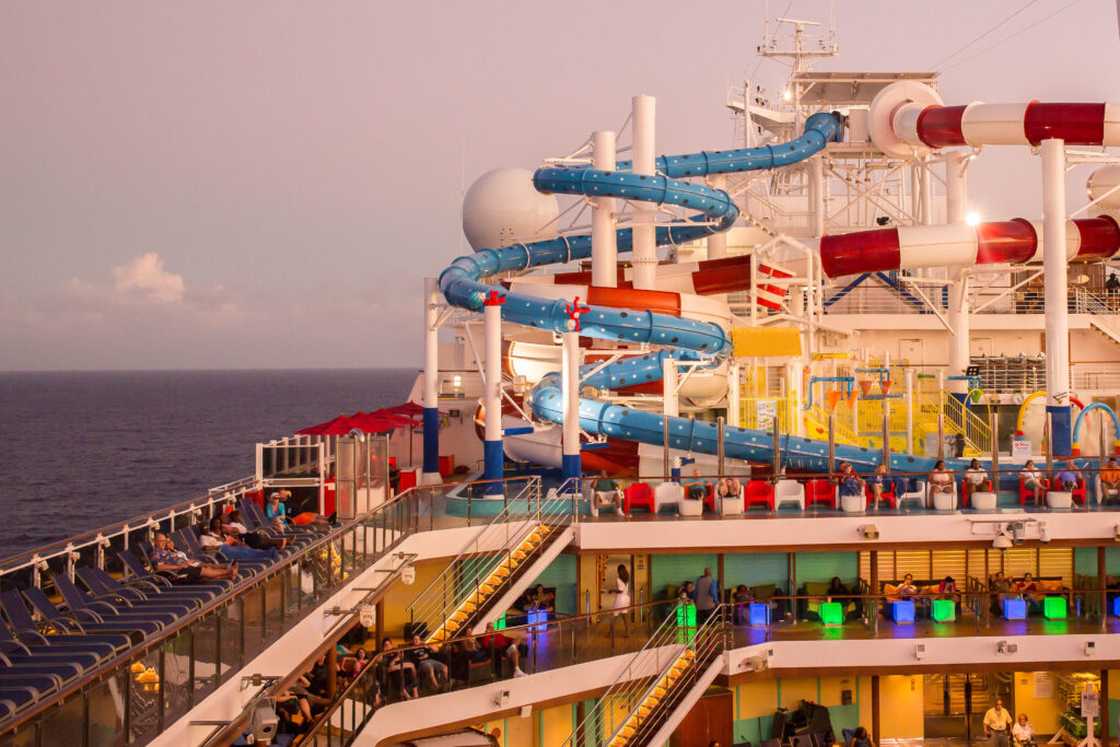 carnival horizon waterworks at sunset